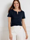 Talbots Misses - Dot Trim Split Neck T-shirt - Blue - Xs - 100% Cotton