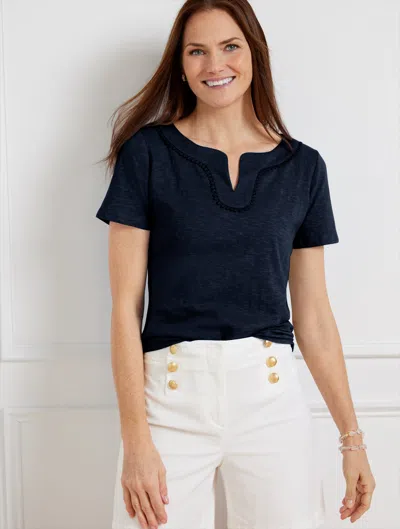 Talbots Dot Trim Split Neck T-shirt - Blue - 1x - 100% Cotton