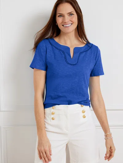 Talbots Plus Size - Dot Trim Split Neck T-shirt - Blueberry Hill - 2x - 100% Cotton  In Blueberry Hill