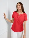 Talbots Misses - Dot Trim Split Neck T-shirt - Bright Apple - Small - 100% Cotton