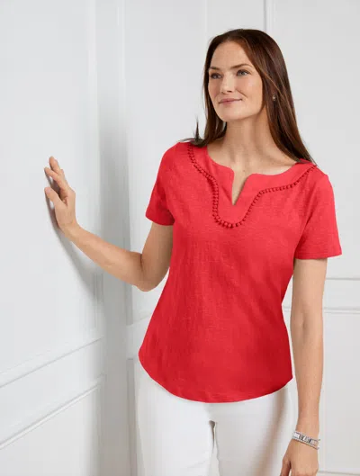 Talbots Misses - Dot Trim Split Neck T-shirt - Bright Apple - Small - 100% Cotton