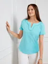 Talbots Misses - Dot Trim Split Neck T-shirt - Vivid Turquoise - Medium - 100% Cotton