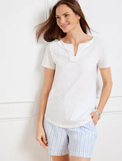 Talbots Plus Size - Dot Trim Split Neck T-shirt - White - 1x - 100% Cotton