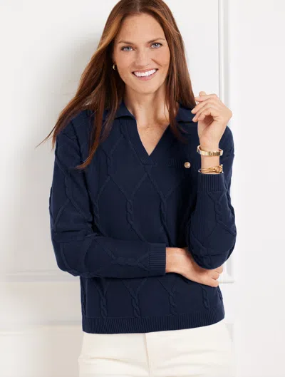 Talbots Lattice Cable Johnny Collar Sweater - Blue - 3x  In Blue