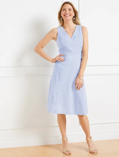 Talbots Petite - Linen Blend Fit & Flare Dress - Sunset Stripe - White/blue Iris - 14  In White,blue Iris