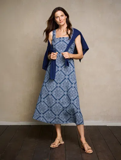 Talbots Linen Blend Fit & Flare Dress - Luxe Bandana - Ink/ivory - 0  In Blue