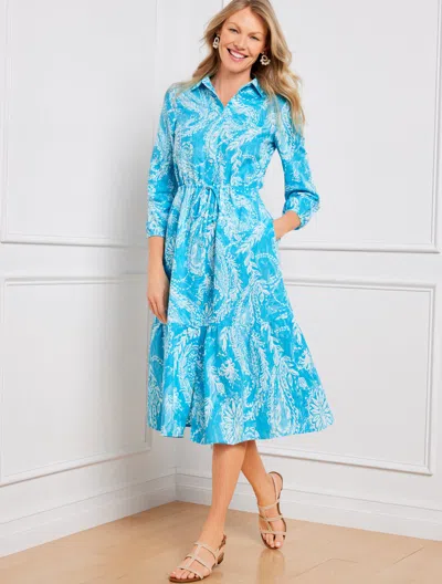 Talbots Misses - Linen Blend Shirtdress - Brushed Paisley - Pool Blue/white - 16  In Pool Blue,white