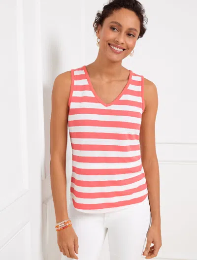 Talbots Misses - Linen Blend V-neck Sleeveless Tank Top - Coral/white - Large  In Coral,white