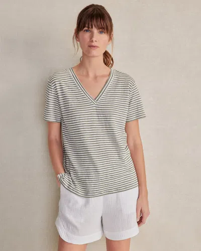 Talbots Linen Jersey Striped V-neck T-shirt - Vetiver White - Medium