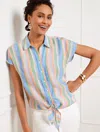 Talbots Linen Tie Hem Button Front Top - Swing Stripe - Blue Iris - 3x  In Blue Iris