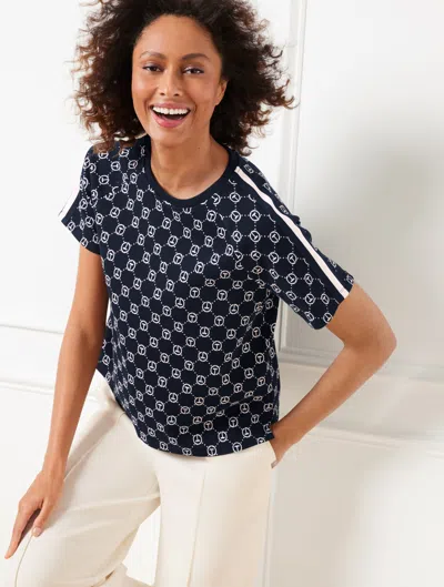 Talbots Logo Jacquard Crewneck Boxy T-shirt - Indigo/ivory - Xl