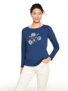 Talbots Long Sleeve Crewneck T-shirt - Full Bloom - Ink - Xs - 100% Cotton  In Black
