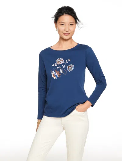 Talbots Long Sleeve Crewneck T-shirt - Full Bloom - Ink - Xs - 100% Cotton  In Black