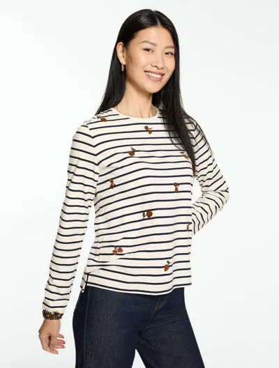 Talbots Long Sleeve Crewneck T-shirt - Falling Acorns - Ivory/indigo Blue - Xs - 100% Cotton  In Ivory,indigo Blue
