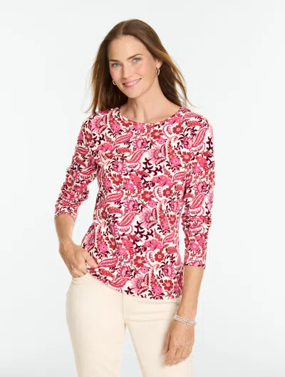 Talbots Long Sleeve Crewneck T-shirt - Verdant Floral - Ivory/rich Burgundy - Xs  In Ivory,rich Burgundy