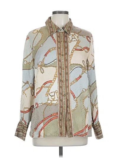 Pre-owned Talbots Long Sleeve Silk Top Silver Paisley Pattern Collared Neckline Tops