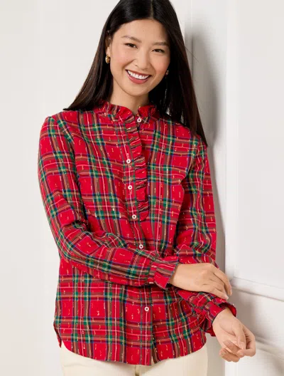 Talbots Petite - Metallic Button Front Top - Solstice Plaid - Red/gold - Small  In Red,gold