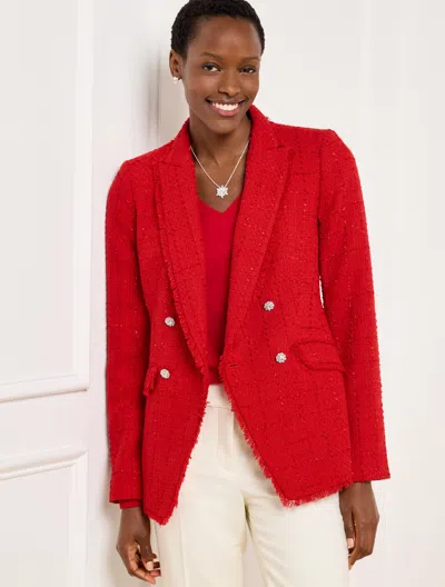Talbots Plus Petite - Metallic Fringe Tweed Double Breasted Blazer - Red/silver - 20  In Red,silver