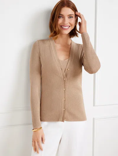 Talbots Misses - Metallic Ribbed V-neck Cardigan Sweater - Rattan/gold - Small  In Rattan,gold