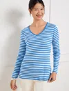 Talbots Plus Size - Metallic V-neck T-shirt - Adeline Stripe - Blue Wave/ivory/silver - X  In Blue Wave,ivory,silver