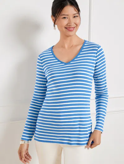 Talbots Plus Size - Metallic V-neck T-shirt - Adeline Stripe - Blue Wave/ivory/silver - X  In Blue Wave,ivory,silver
