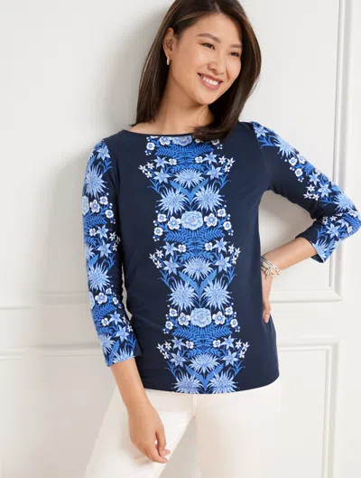 Talbots Misses - Bateau Neck T-shirt - Vertical Flowers - Ink/lakeshore Blue - Small  In Ink,lakeshore Blue