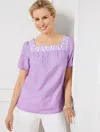Talbots Petite - Butterfly Embroidered Linen Cotton Square Neck Top - Cross Dye - Purple - Xl  In Purple
