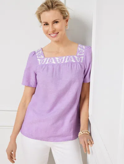 Talbots Petite - Butterfly Embroidered Linen Cotton Square Neck Top - Cross Dye - Purple - Xl