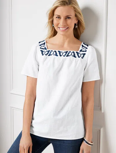 Talbots Butterfly Embroidered Linen Cotton Square Neck Top - White - 3x