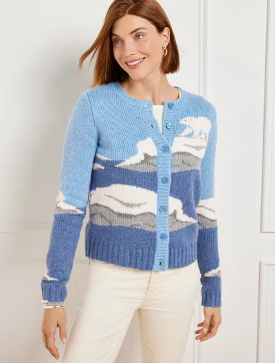 Talbots Crewneck Cardigan Sweater - Polar Bear - Admiral Blue Heather Mlti - Xl