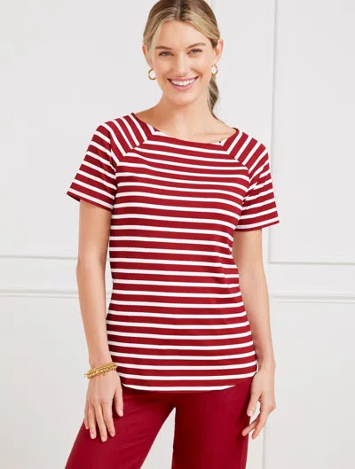 Talbots Misses - Effortless Jersey Stripe Bateau Neck T-shirt - White/sangria - Small  In White,sangria