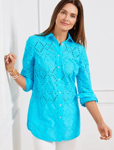 Talbots Misses - Eyelet Boyfriend Shirt - Pool Blue - Medium - 100% Cotton
