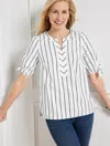 Talbots Misses - Fancy Stripe Tie Sleeve Top - White/black - Small - 100% Cotton  In White,black