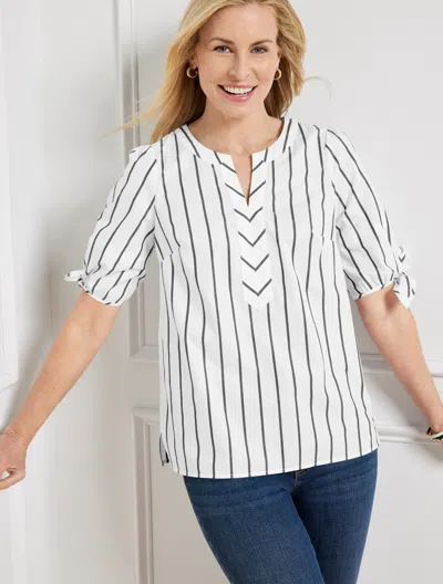 Talbots Misses - Fancy Stripe Tie Sleeve Top - White/black - Small - 100% Cotton  In White,black