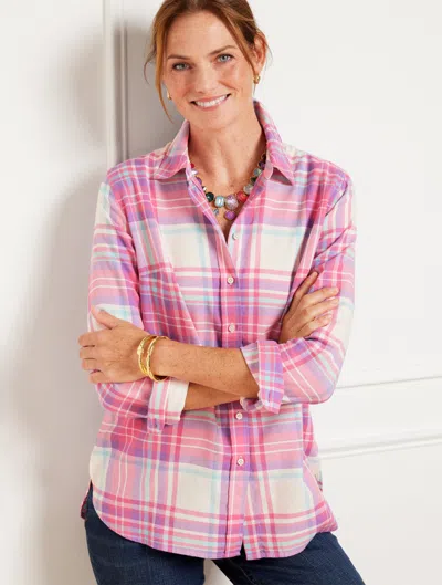 Talbots Misses - Flannel Modern Classic Shirt - Jingle Bell Plaid - Ivory - Medium - 100% Cotton