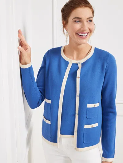 Talbots Misses - Grace Cardigan Sweater - Tipped - Capri Blue/ivory - Xs  In Capri Blue,ivory