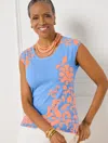 Talbots Misses - Jacobean Floral Scoop Neck Pullover Sweater - Fresh Water Blue/peach - Medium  In Fresh Water Blue,peach