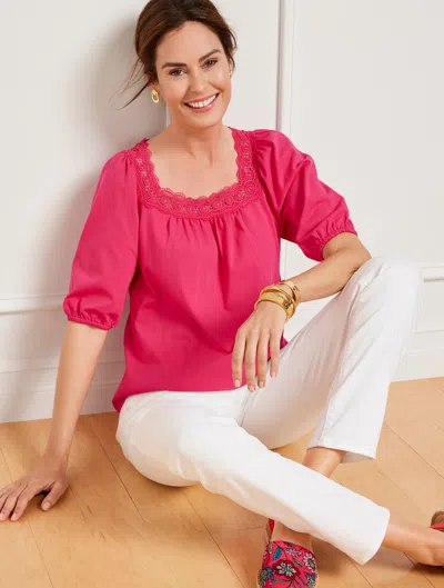 Talbots Misses - Lace Trim Square Neck Top - Azalea - Xs - 100% Cotton