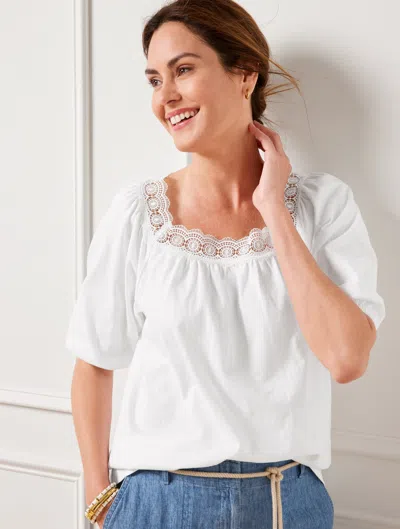 Talbots Misses - Lace Trim Square Neck Top - White - Medium - 100% Cotton  In White