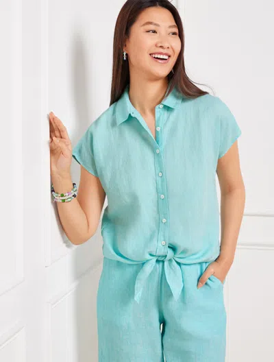 Talbots Misses - Linen Tie Hem Button Front Top - Cross Dye - Vivid Turquoise/white - Xl - 100% Cotton Talbo In Vivid Turquoise,white