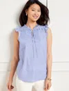 Talbots Misses - Pleated Poplin Shell Sweater - Micro Stripe - Blue/white - Medium - 100% Cotton  In Blue,white