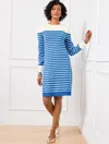 Talbots Misses - Puff Sleeve Sweater Dress - Breton Stripe - Ivory/capri Blue - Xl  In Ivory,capri Blue