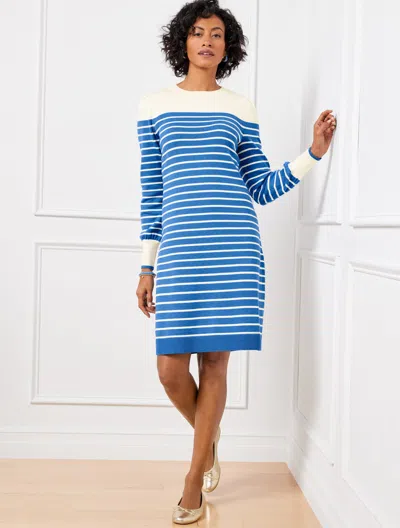 Talbots Misses - Puff Sleeve Sweater Dress - Breton Stripe - Ivory/capri Blue - Xl  In Ivory,capri Blue