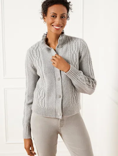 Talbots Petite - Ruffle Mockneck Cardigan Sweater - Grey Sky Heather - Large