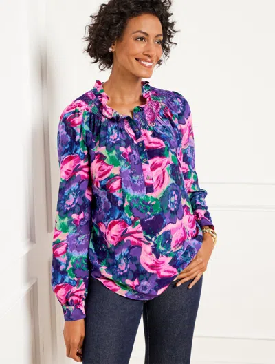 Talbots Smocked Ruffle Neck Top - Delicate Floral - Stunning Pink - 2x