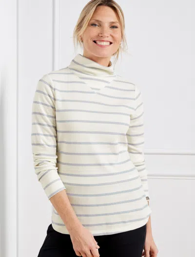 Talbots Misses - Supersoft Jersey Mockneck T-shirt - Metallic Trail Stripe - Ivory/silver - Xs  In Ivory,silver