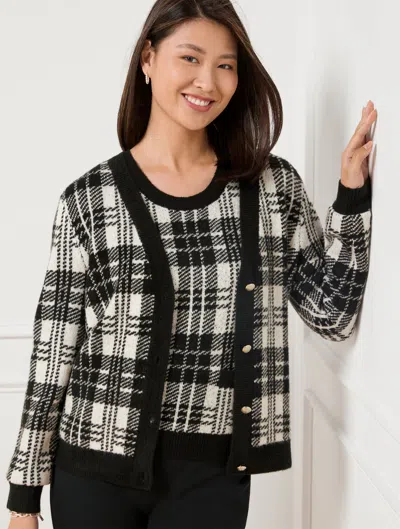 Talbots Misses - V-neck Cardigan Sweater - Bold Plaid - Black/ivory - Xs  In Black,ivory