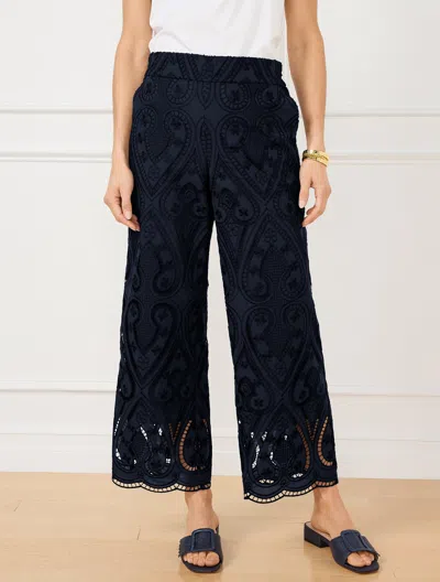 Talbots Misses - Wide Crop Pull-on Eyelet Pants - Blue - Small - 100% Cotton
