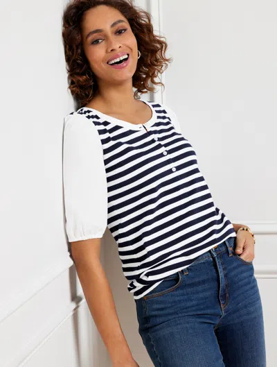Talbots Misses - Woven Sleeve Henley T-shirt - Bali Stripe - Indigo/white - Medium - 100% Cotton  In Indigo,white