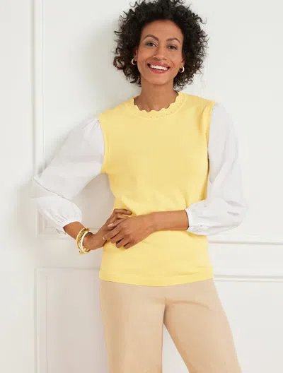 Talbots Petite - Woven Sleeve Pullover Sweater - Daisy - Xl